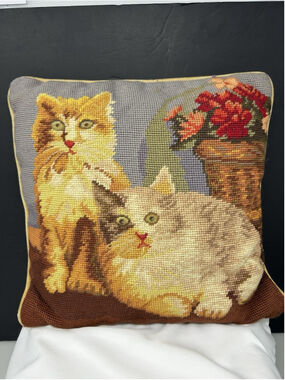 Vintage Imperial Elegance Cat Needlepoint Pillow Cottage Granny Core 14x14 Zip